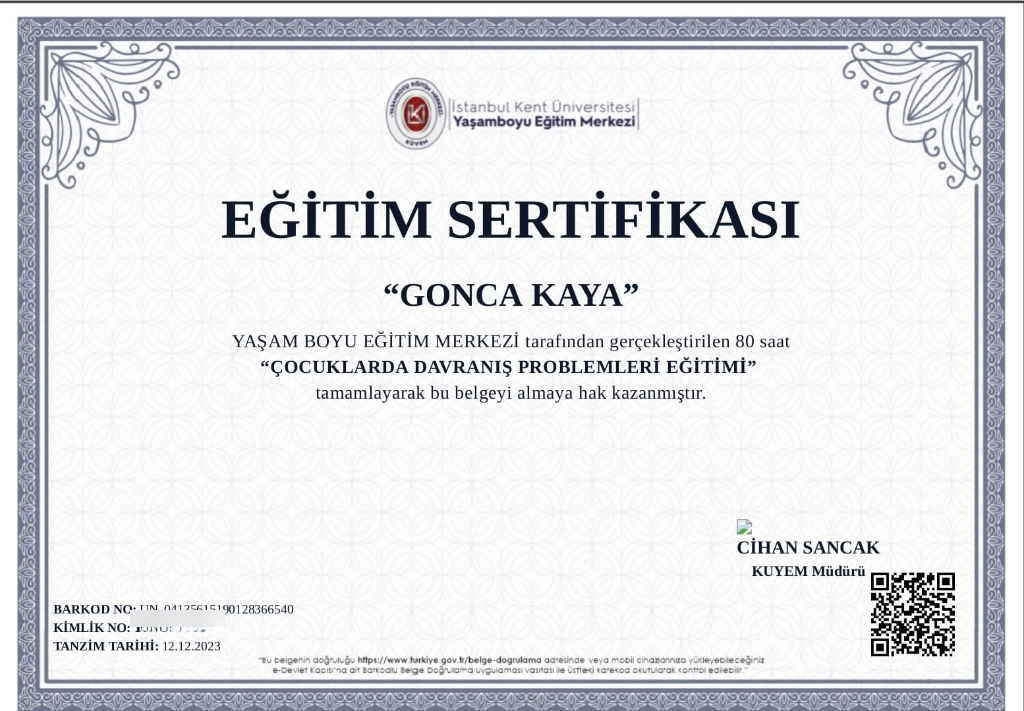 Çocuklarda Davranış Problemleri Eğitimi Sertifikası