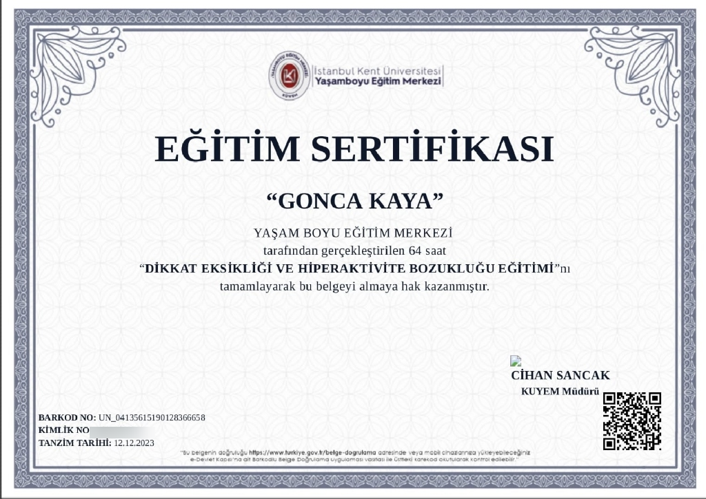 Dikkat Eksikliği ve Hiperaktivite Bozukluğu Eğitimi Sertifikası