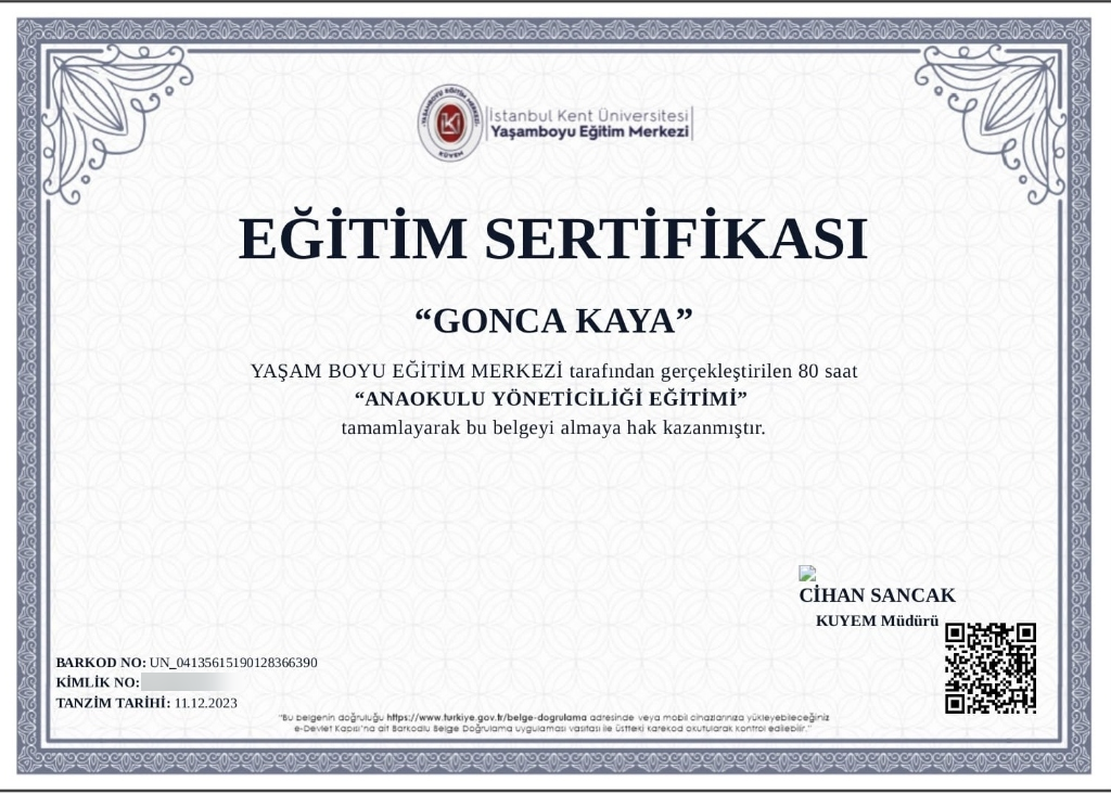 Anaokulu Yöneticiliği Eğitimi Sertifikası